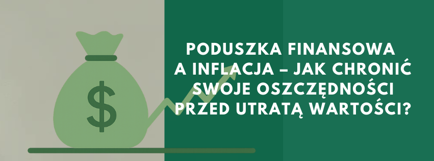 Minimalistyczna ilustracja przedstawiająca sakiewkę z pieniędzmi i rosnący wykres symbolizujący ochronę oszczędności poprzez poduszkę finansową a inflację.